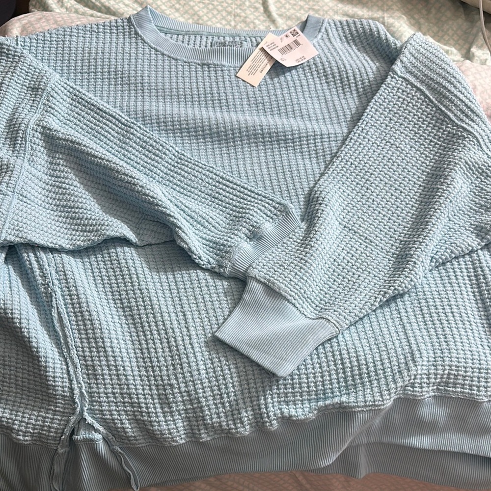 American Eagle Outfitters Blue Crew Neck Sweater with Waffle Knit